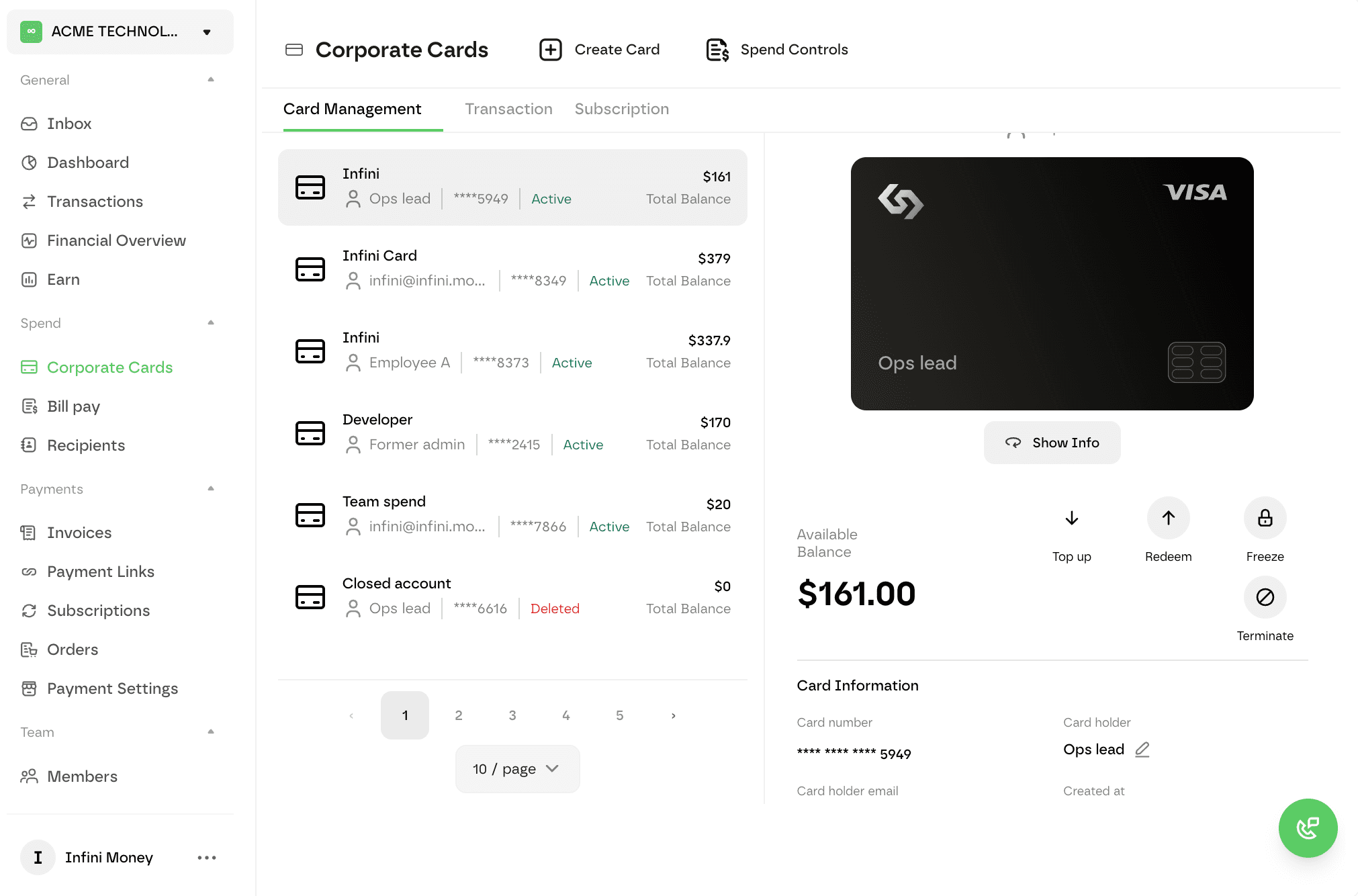 Screenshot: Corporate Cards dashboard