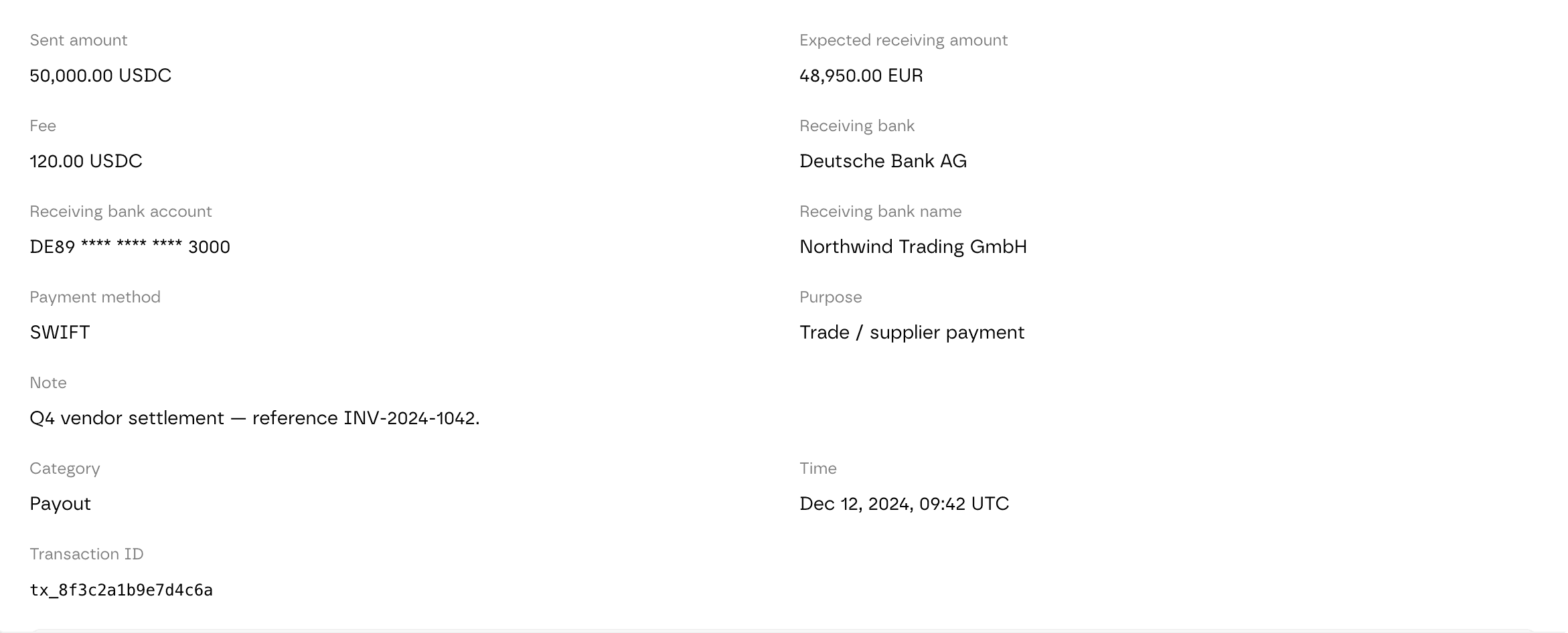 Screenshot: fiat payout transfer details